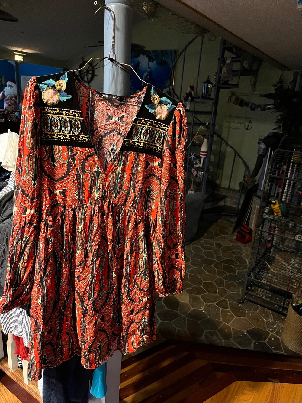 Embroidered Paisley Babydoll Tunic - Rust & Black